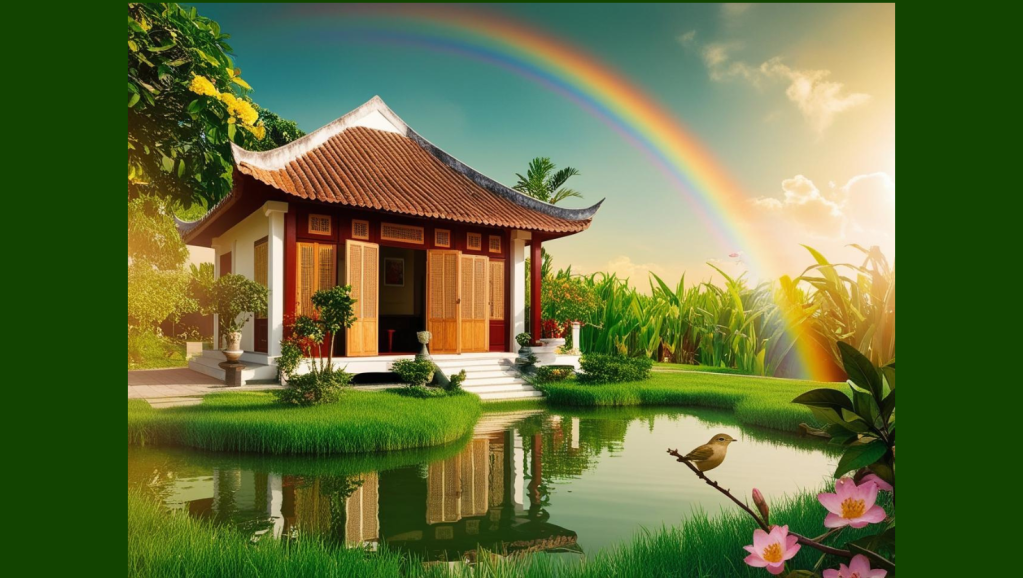 A asian house, with a pond in the front of the house, rainbow in the sky.